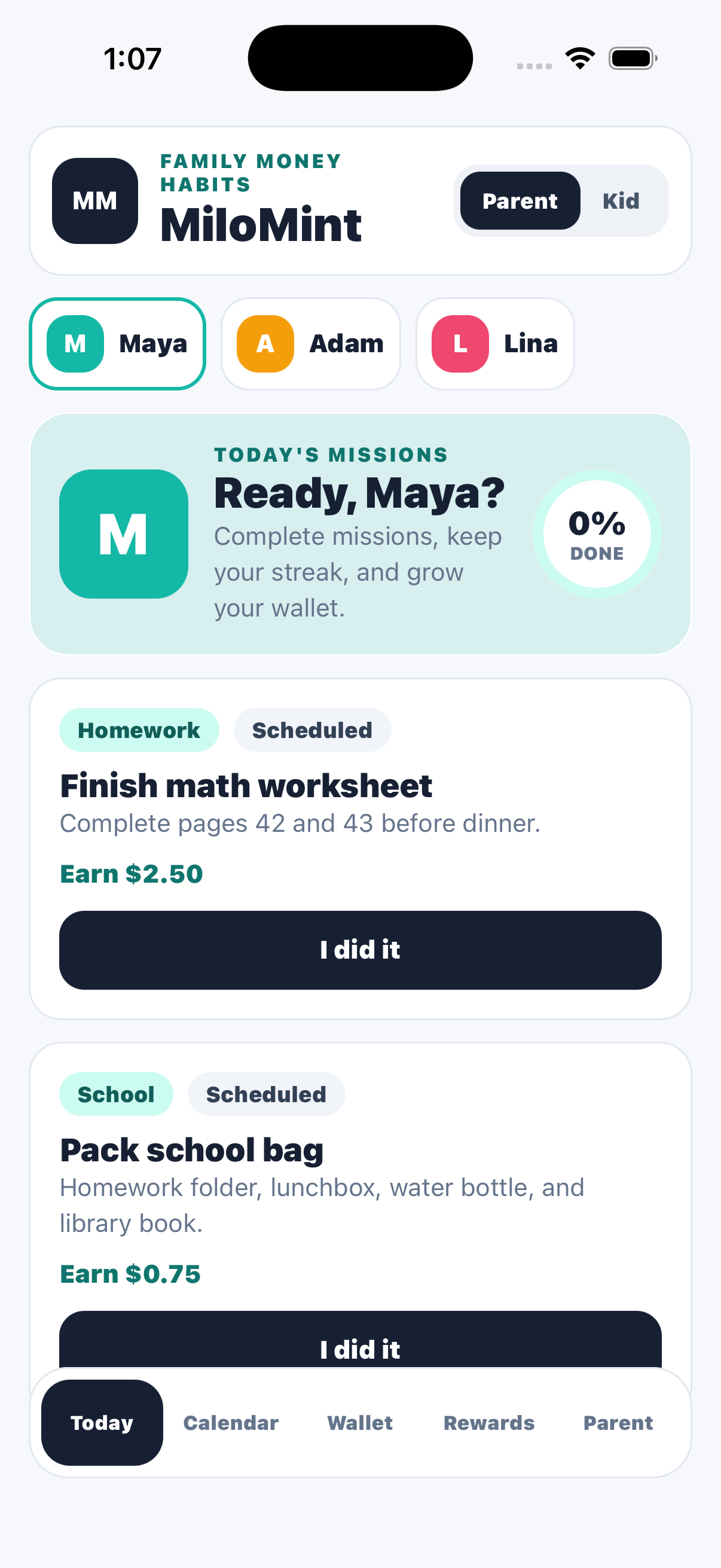 MiloMint — today's schedule and tasks